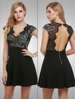 Zeagoo Small V-Neck Lace Open Back Nude Illusion Skater Cocktail Party Dress